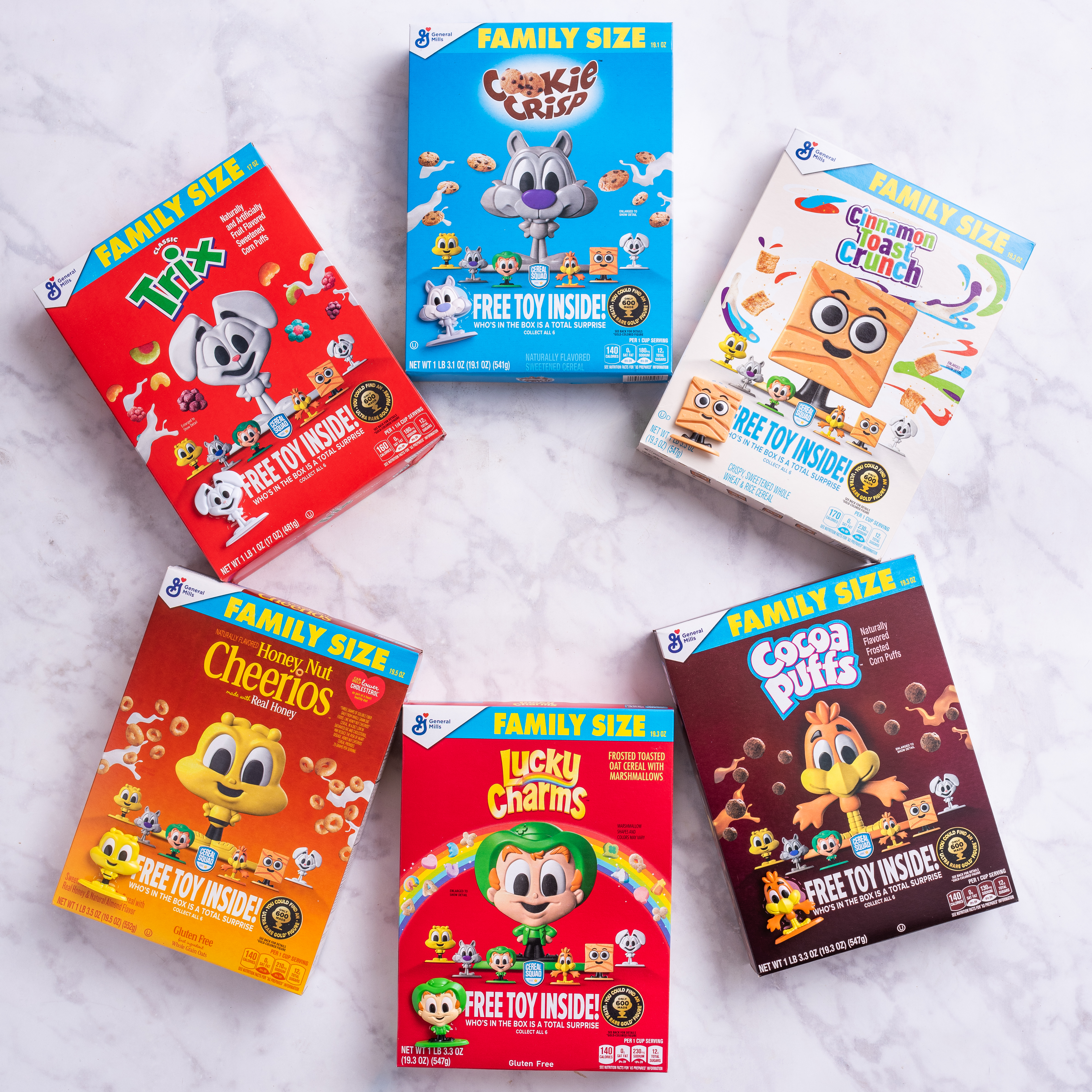 Six Cereal Squad cereal boxes