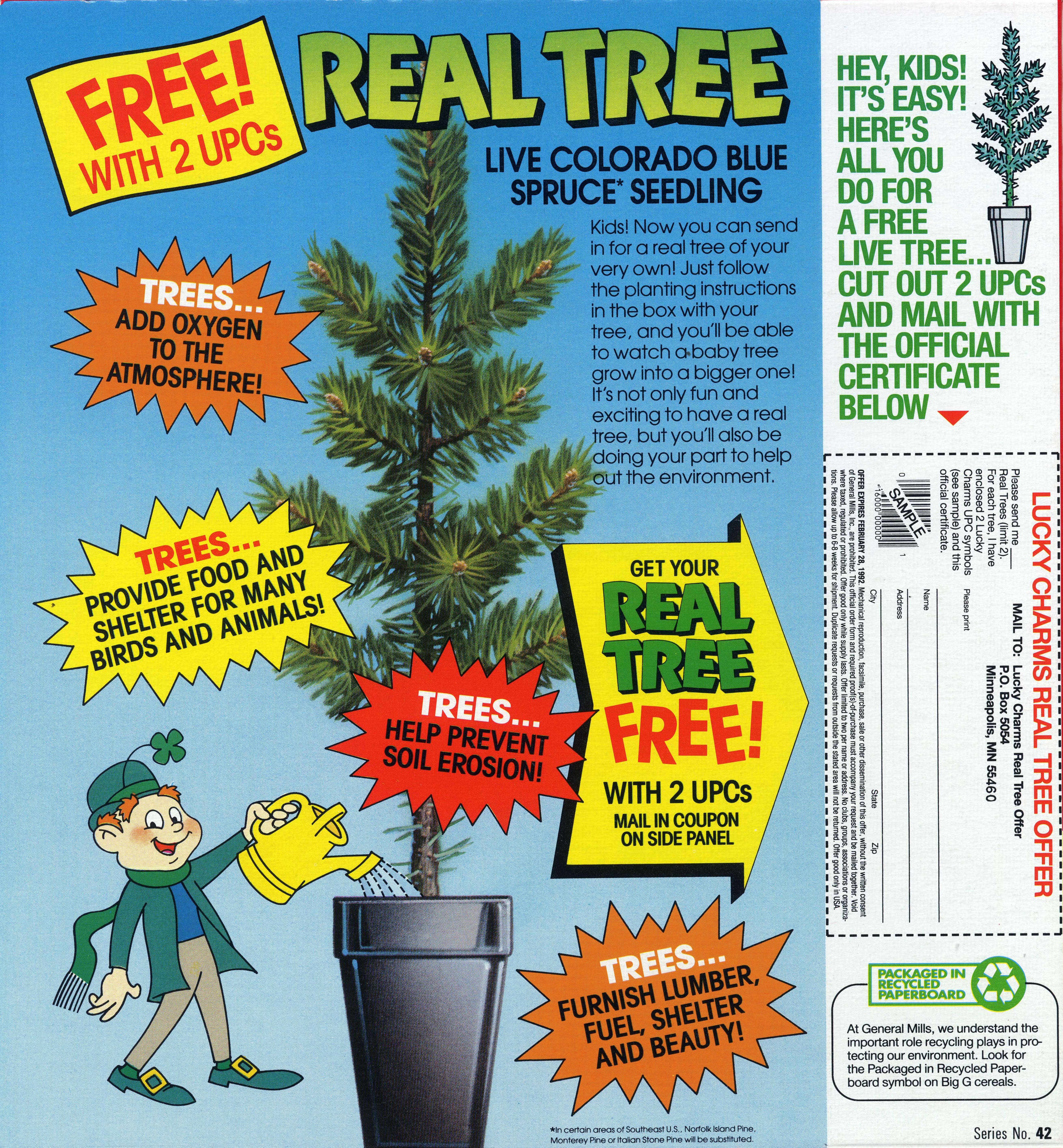 Back of Lucky Charms box offering a free colorado blue spruce seedling with 2 UPCs